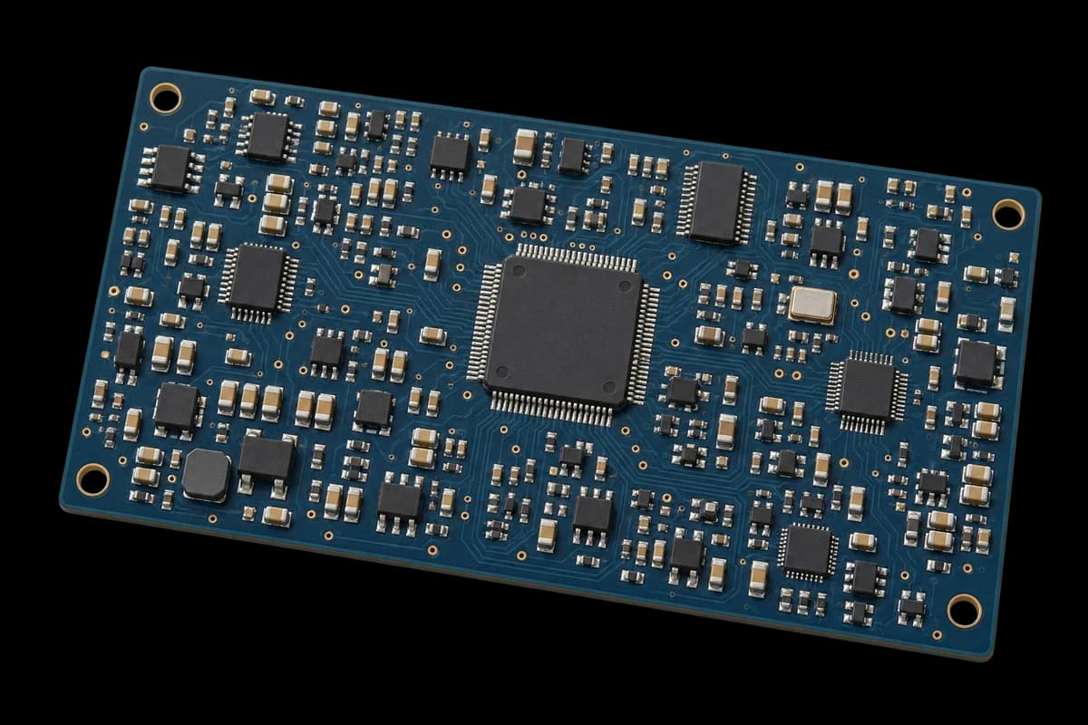 Generated illustration: a complete slate-blue SMD board densely populated with MLCCs and microchips