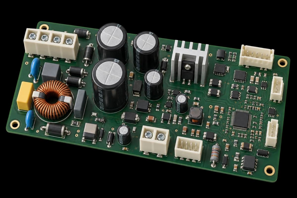Generated illustration: a complete dark-green mixed THT board with tall capacitors, connectors and surface-mount parts