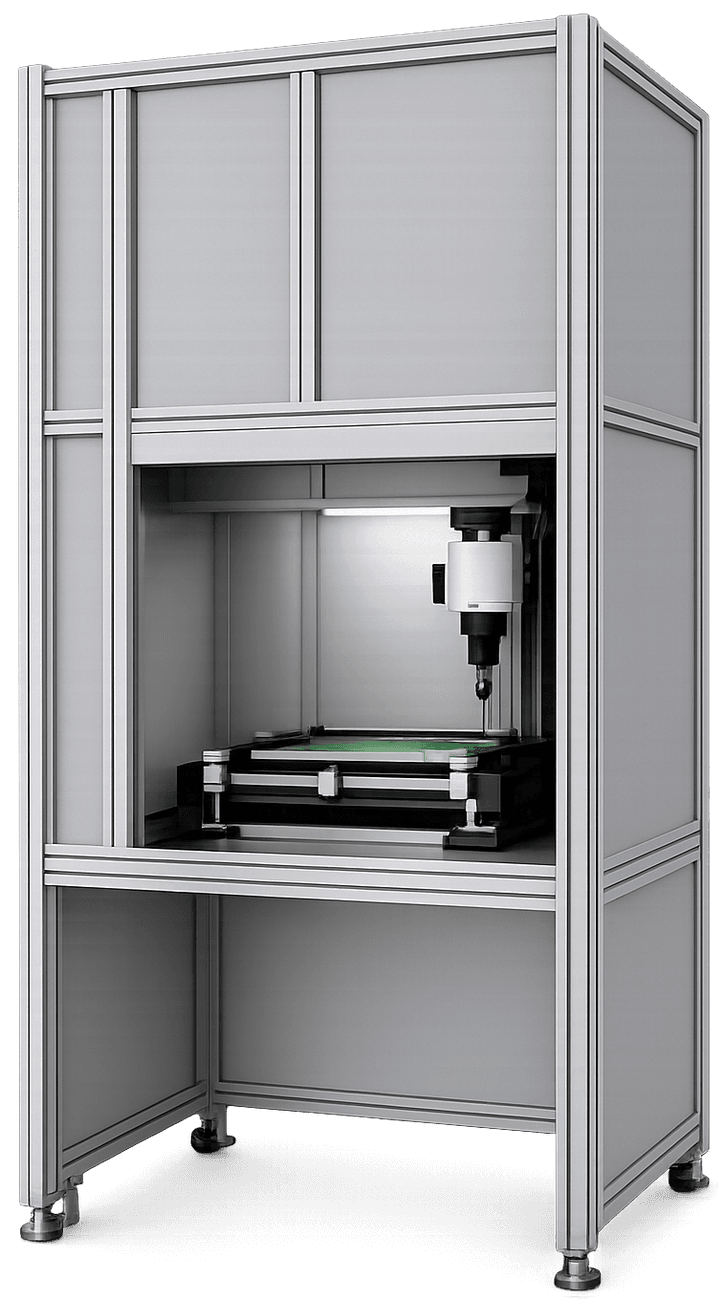 REX 1 — manual-flip AI vision inspection system, front open with a board on the stage